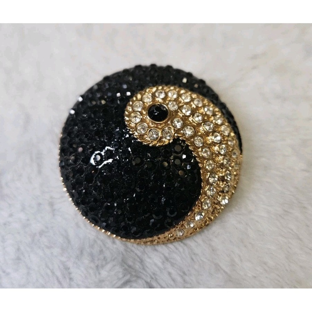 Yin Yang Unique Rhinestone Brooch Sparkly Gold Tone Pin